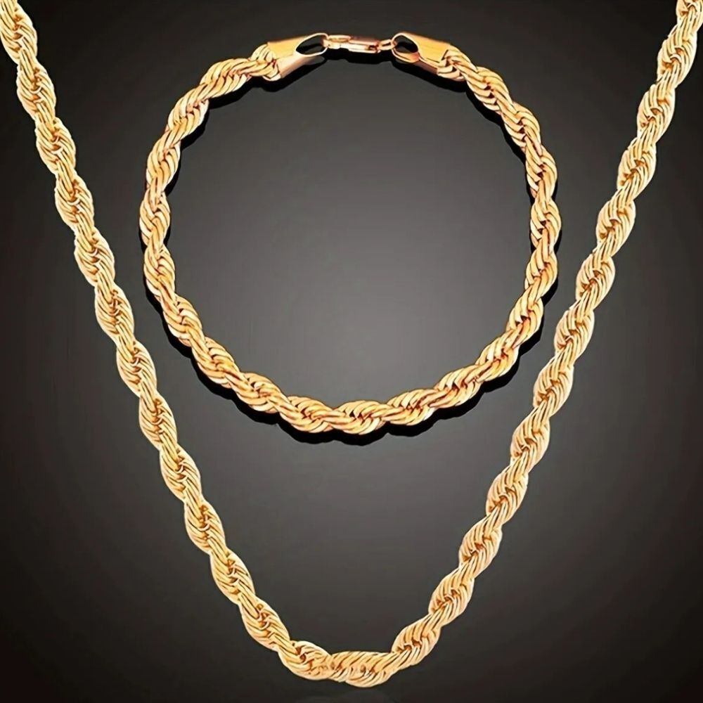Mens Golden Two-piece Necklace and Bracelet Set